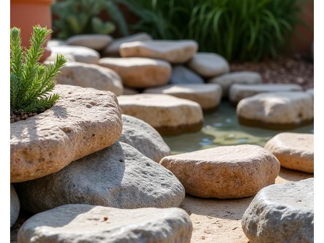 Decoración con piedra natural en jardín mediterráneo